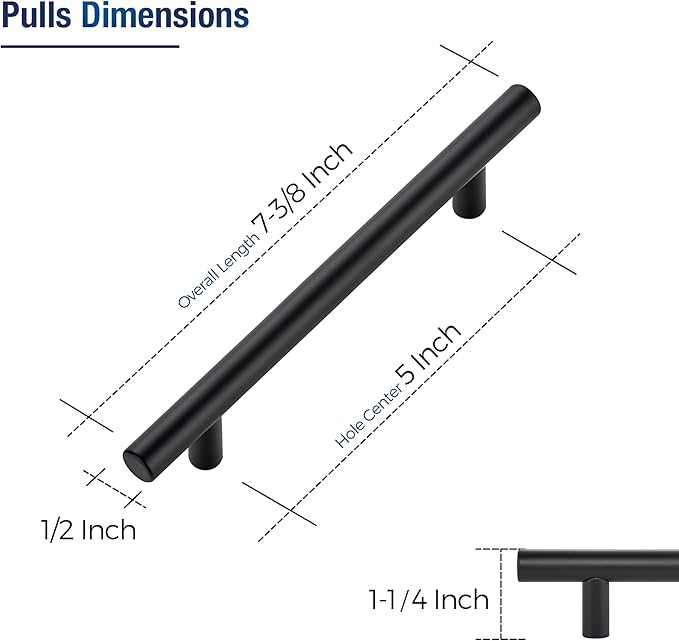 JOY DECOR 45 Pack Cabinet Handles, Black Cabinet Pulls, 5 in Hole Center Kitchen Hardware, Stainless Steel T Bar Handles for Dresser Drawers