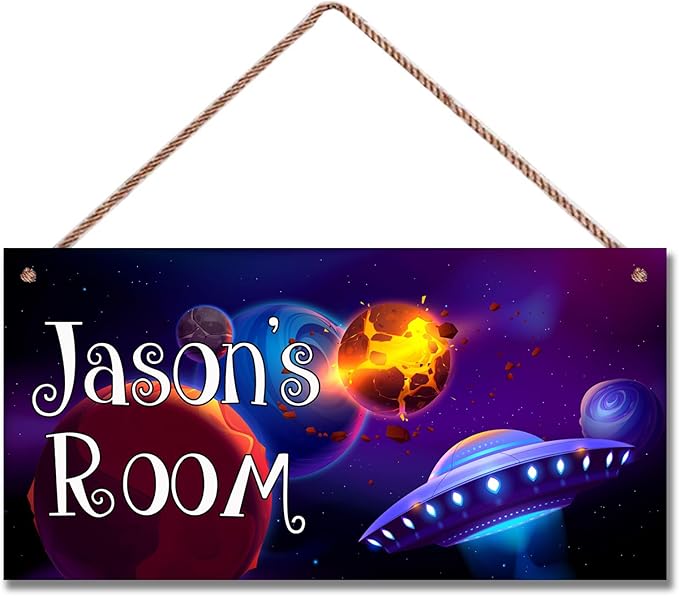 Personalized Signs Star Wall Hanging Sign, Motivational Hanging Plaque Sign Outer Space Room Wall Art, Alien Ship Nursery Decor for Boys Room Kids Playroom Classroom Decor