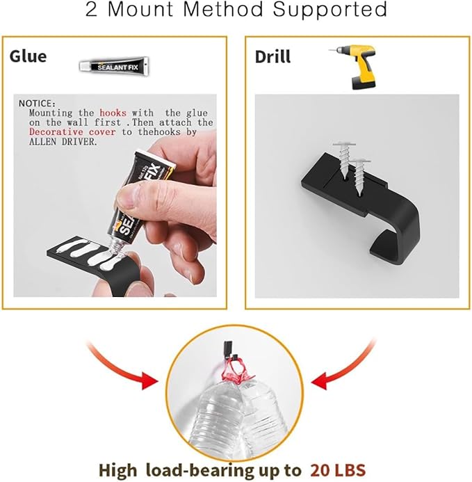 BESy Brass Clothes Hook Single Towel Hook for Bathroom Kitchen Garage Square Style Robe Hooks Coat and Hat Hook, Self Adhesive with Glue or Wall Mounted with Screws, Two Packs, Matte Black