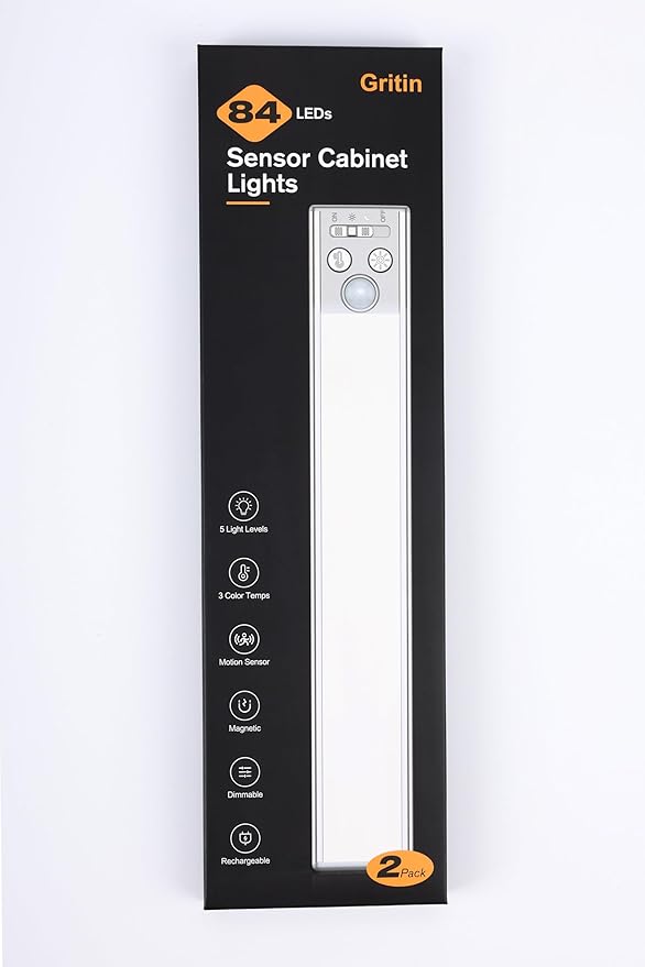 Gritin 10.2inch Under Cabinet Lighting Rechargeable -84 LED Super Bright,3-Color& 5 Level Brightness,4 Modes,Motion Sensor, Long Lasting- Easy Installation Magnetic Closet Lights -2 Pack-Sea Blue