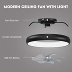 Ceiling Fan with Lights, 15" Flush Mount, Black Low Profile with 6 Wind Speeds, Smart Dimmable LED for Bedroom, Living Room