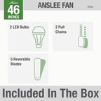 Hunter 59268 Anslee Indoor Low Profile Ceiling Fan with LED Light and Pull Chain Control, 46", Brown