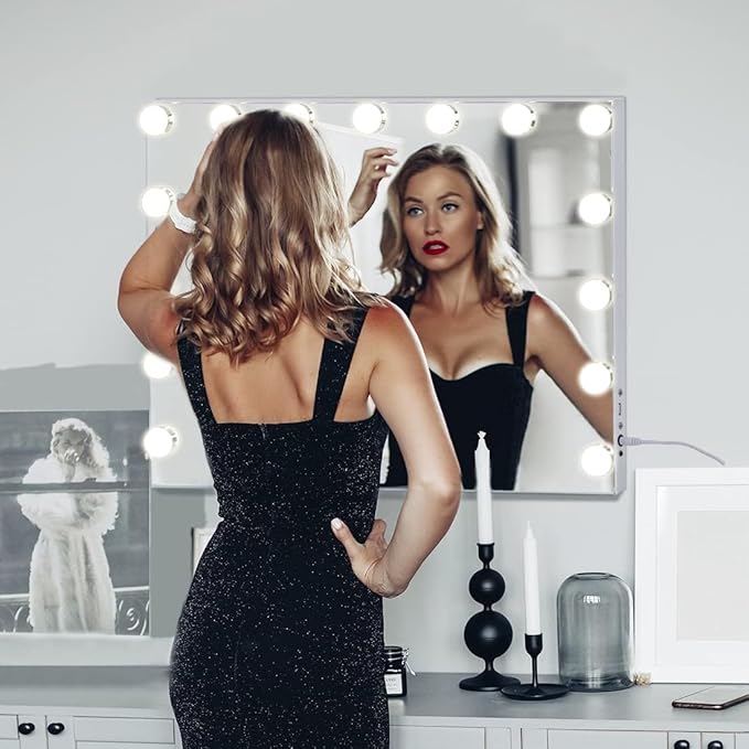 FENCHILIN Vanity Mirror with Lights, Hollywood Lighted Makeup Mirror with 15 Dimmable LED Bulbs for Dressing Room & Bedroom, Slim Metal Frame Design, White