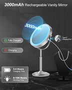 Makeup Mirror with Lights, 1X/30X Lighted Magnifying Mirror Height Adjustable, 3000mAh Rechargeable Double Sided Vanity Mirrors with 3 LED Lighting and Adjustable Brightness for Desk Women Gift