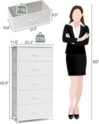 Crestlive Products Tall Dresser for Bedroom Vertical Storage Tower - Wide Fabric Dresser & Chests of Drawers for Closet, Hallway, Entryway w/Wood Top, Easy Pull Fabric Bins - 5 Drawers(White)