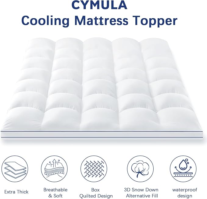 CYMULA Twin Mattress Topper Waterproof, Cooling Mattress Pad Cover, Extra Thick Pillow Top Mattress Topper with 8-21 Inch Elasticated Deep Pockets, Plush Down Alternative Fill Mattress Protector