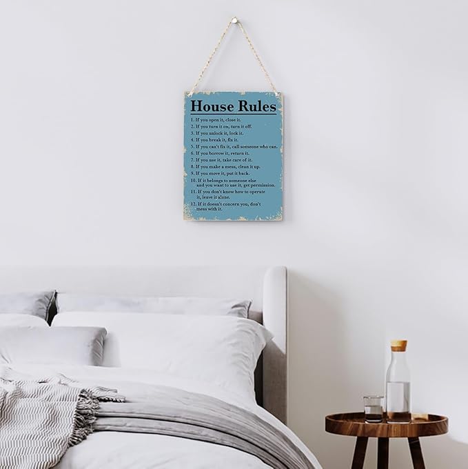 House Rules Wooden Hanging Sign, Farmhouse Living Room Home Decor Wall Art, Inspirational Family Quote, 8 x 10 Inches