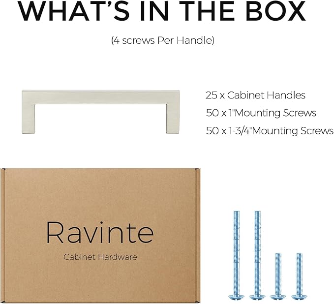 Ravinte 25 Pack Solid 3-1/2 Inch Center to Center Slim Square Bar Drawer Handles - Cabinet Hardware Brushed Nickel Pulls for Kitchen and Drawers