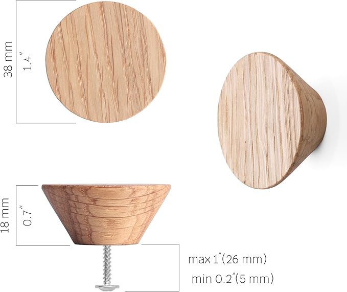 12 Pack Wood Cone Cabinet Knobs (Light) - 1 ½ " Diameter Round Shape - Wooden Drawer Pulls for Cabinets Doors, Dresser and Drawers Knob, Kitchen Cabinet Door Handle