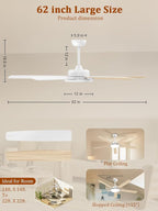 TALOYA Large Ceiling Fans with Lights and Remote, Reversible Quiet DC Motor, 6 Speeds, 3CCT, Dimmable, 62 inch White Modern Ceiling Fan for Patios, Living room, Bedroom, Farmhouse, Indoor, Outdoor