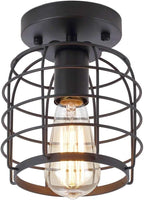 Create For Life® Industrial Vintage Flush Mount Ceiling Light,Rustic Metal Cage Pendant Lighting Lamp Fixture for Hallway Stairway Kitchen Garage, E26, Black Painting Finish