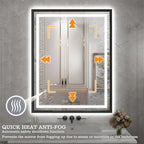 24"x 32" LED Bathroom Mirror with Black Frame, Stepless Dimmable, Anti-Fog, Shatter-Proof, Memory, 3 Colors, LED Vanity Mirror