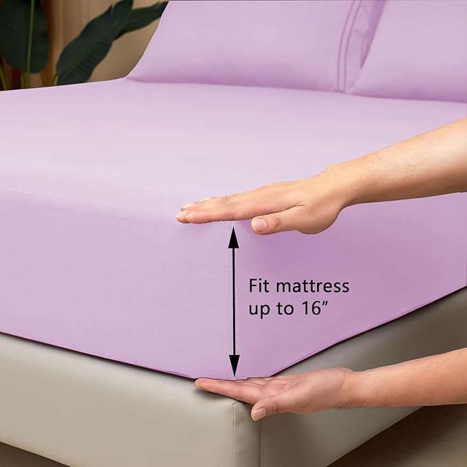 Mejoroom Queen Size Sheet Set - Hotel Luxury 1800 Bedding Sheets & Pillowcases - Deep Pocket Fitted Sheet, Soft, Breathable, Wrinkle & Fade Resistant - 4 Piece (Queen, Lavender)