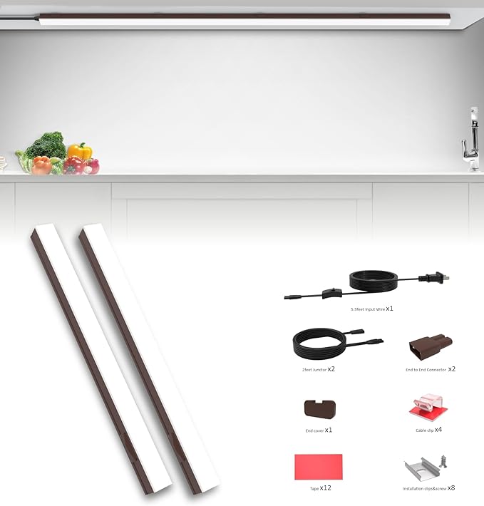 Under Cabinet Lighting Plug in, 32 Inch 2 Pcs, Linkable AC120V 3CCT 3000K/4000K/5000K Ultra Slim, LED Under Cabinet Lights for Counter Light, Kitchen, Shelf, Sink, Workshop, Desk, Bronze