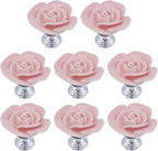 8PCS 1.57" × 1.3" Ceramics Light Pink Rose with Base Knobs Flower Shaped Pulls for Cupboard Drawer with 2 Kinds of Screws