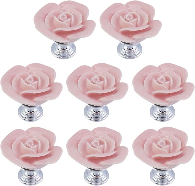 8PCS 1.57" × 1.3" Ceramics Light Pink Rose with Base Knobs Flower Shaped Pulls for Cupboard Drawer with 2 Kinds of Screws