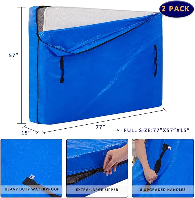 AlexHome Mattress Bag for Moving and Storage,Heavy Duty Tarp Reusable Mattress Storage Bag,Easy Carrier Mattress Moving Cover (Full Size,2 Pack)