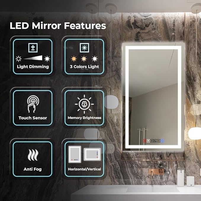 Fab Glass and Mirror Dimmable Lighted Bathroom Wall Vanity with Anti-Fog and Adjustable Colors Rectangular Frameless LED Mirror 40L X 18W Clear