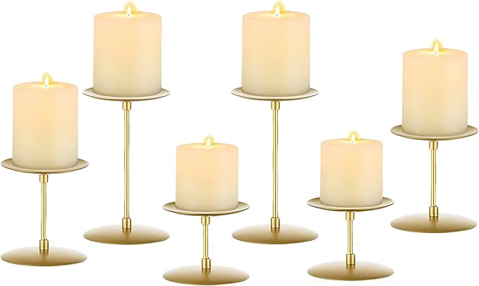 Pillar Candle Holders Candle Plates - Set of 6 Candelabra Candle Stand Iron Plate Minimalism Modern Home Mantel Dinning Table Christmas Decorations Centerpiece for Wedding, Party, Events, Gold