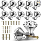 40mm Kitchen Cabinet Knobs Drawer Pull Handle Hardware, Crystal Clear Glass Round Diamond Shape Dresser Closet Bi-fold Door Bathroom Cupboard Desk Nightstand Furniture Decorative Drawer Knobs （12PCS）