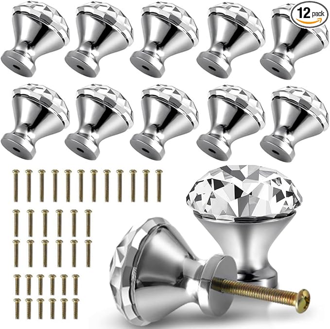40mm Kitchen Cabinet Knobs Drawer Pull Handle Hardware, Crystal Clear Glass Round Diamond Shape Dresser Closet Bi-fold Door Bathroom Cupboard Desk Nightstand Furniture Decorative Drawer Knobs （12PCS）