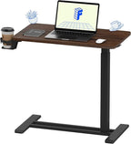 FLEXISPOT H7 Adjustable Overbed Bedside Table with Wheels Pneumatic Mobile Standing Desk Laptop Desk Rolling Computer Cart Movable Table Hospital Home Use(27.6" W x 15.7" D, Mahogany Table)