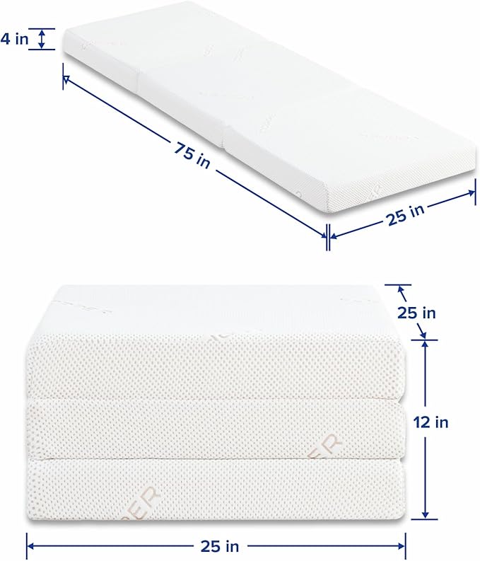 Olee Sleep Tri-Folding Antibacterial Memory Foam Mattress Topper, 4 Inch Copper Bamboo Gel Folding Mattress, Washable Cover, CertiPUR-US Certified, Soft, White, Single Size