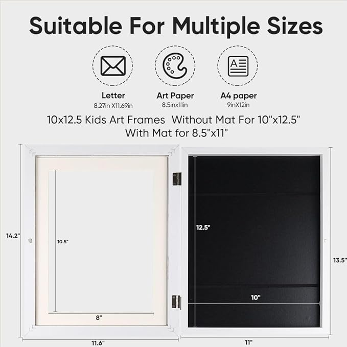 Kids Art Frames - Changeable Front Opening Holds 150, 10x12.5 Picture Frame for Displaying Kids' Artwork, Drawing, With Storage (White)