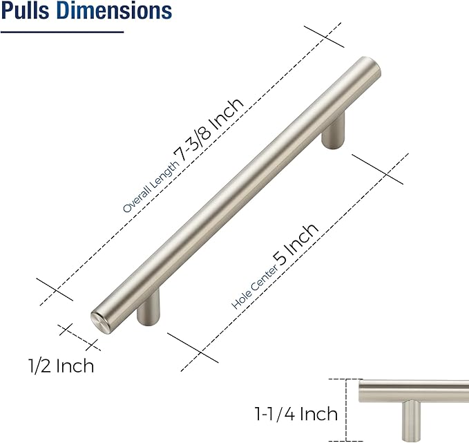 JOY DECOR 10 Pack Cabinet Handles, Brushed Nickel Cabinet Pulls, 5 in Hole Center Kitchen Cabinet Handles, Stainless Steel T Bar Handles for Dresser Drawers