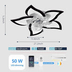 Low Profile Ceiling Fans with Lights,27.2” Black Modern Dimmable Flower Shape Ceiling Light Fan with Remote Control/app Control,Timing 6 Gear Speeds Fan Ceiling Lamp.
