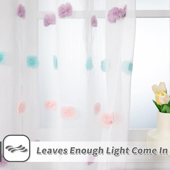 MYSKY HOME Rainbow Pom Pom Curtains for Bedroom, Living Room & Nursery - Set of 2, 63 Inch Length, Sheer, Rod Pocket, Farmhouse Style, 52 x 63 inch