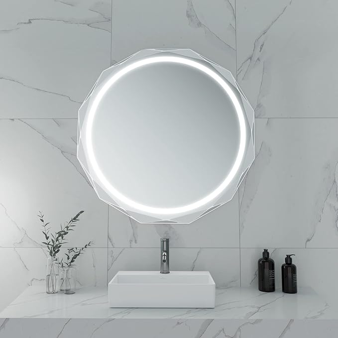 Round LED Bathroom Mirror, Beveled Edge Frameless Wall Mount Bathroom Vanity Mirror with 3-Color and Anti-Fog, 24 Inch, Silver