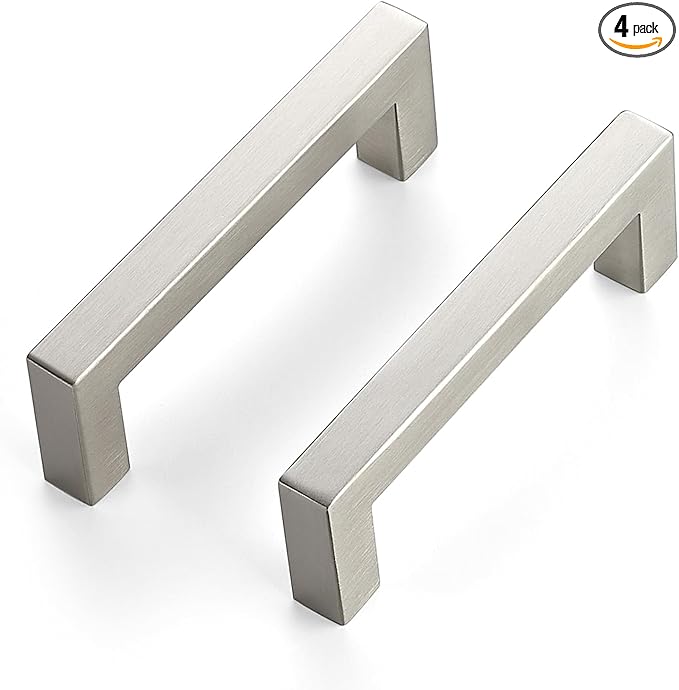 JOY DECOR 4 Pack Cabinet Handles, Brushed Nickel Cabinet Pulls, 3-3/4 Inch Kitchen Closet Handles Square Drawer Pulls Stainless Steel Drawer Hardware, 96mm Hole Centers