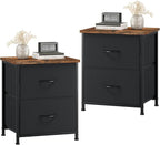Somdot Nightstand Set of 2, Small Dresser for Bedroom with 2 Drawers,Night Stand Bedside Table End Table with Fabric Bins for Bedroom Kids Closet Dorm Guest Room, Black Rustic Brown
