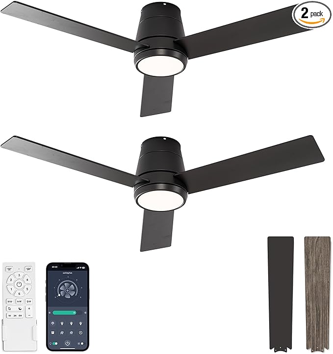 warmiplanet Ceiling Fans with Lights, 42 Inch Low Profile Ceiling Fan with Light and Remote/APP Control(2 Pack),Black,3 Blades