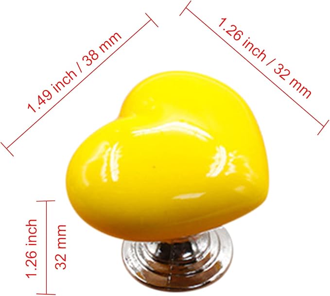 HUAMULAN 10PCS Heart Shape Glossy Ceramic Knobs Cabinet Dresser Pulls Door Handles Cupboard Wardrobe Drawer Backplate,Yellow
