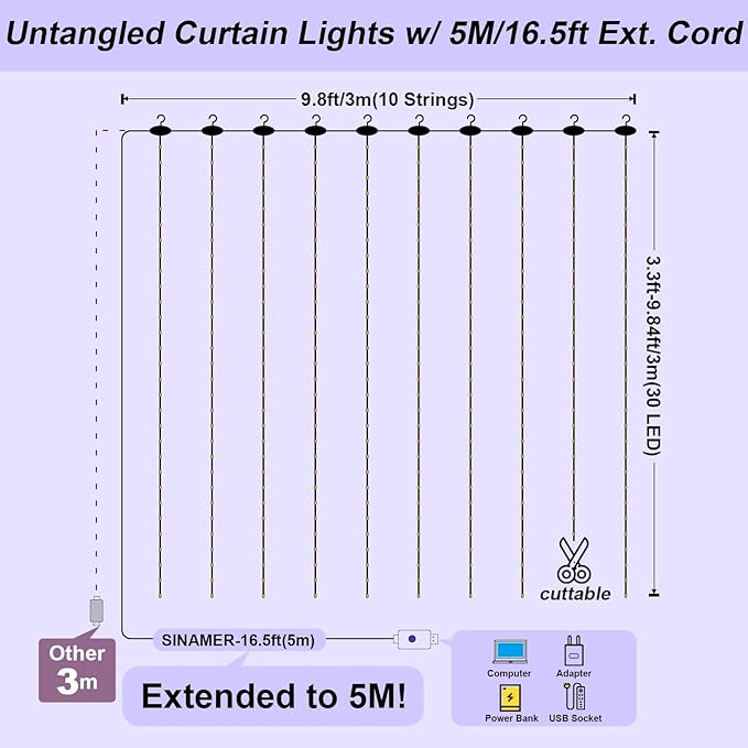 Upgrade 300LED White Curtain Light with Untangled Wires, 9.8ft x 9.8ft Copper Wire String Lights, USB Plug Hanging Window Fairy Lights, 8 Modes & Remote for Home Christmas Wedding Party