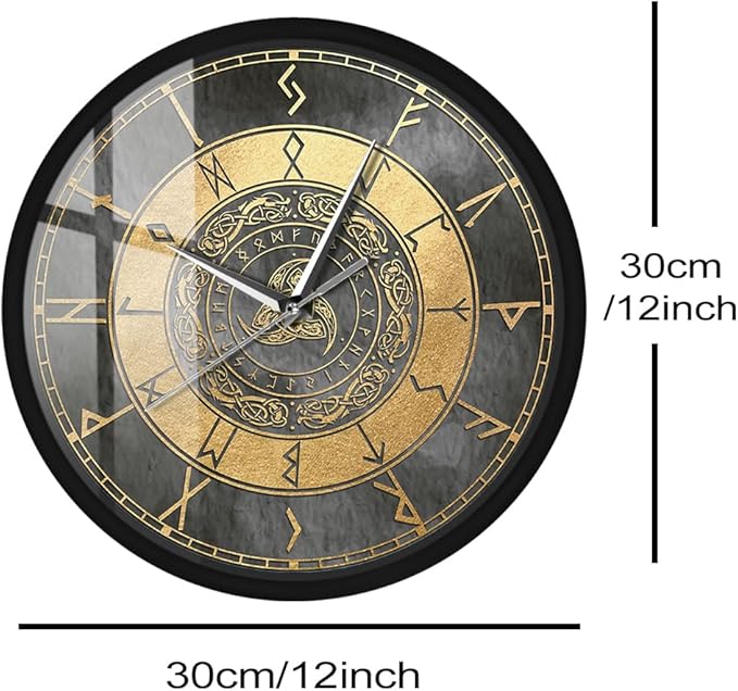 Triple Horn of Odin Decorative Wall Clock with Metal Frame, 12 Inch Viking Decor Nordic Sign Clock Scandinavic Mythology Celtic Rune Norse Pagan Clock Silent Movement Viking Gifts for Men