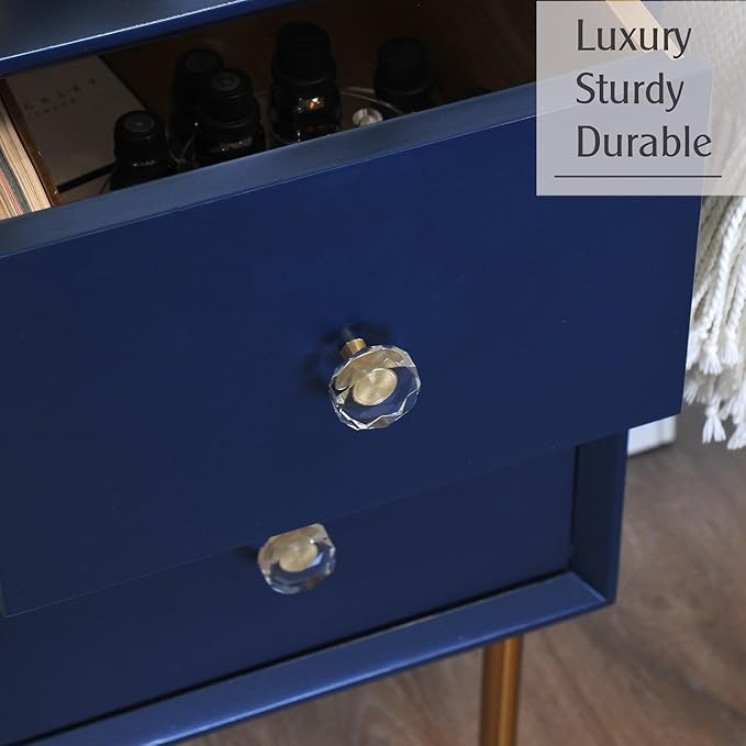 JEREVER 2 Pack Glass Crystal Knobs Brass Drawer Pull Cabinet Handle Gold Furniture Hardware for Dresser Kitchen (Polygon)