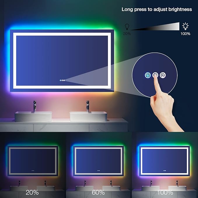 LOAAO 77"X36" LED Bathroom Mirror with Lights, Anti-Fog, Dimmable, RGB Backlit + Front Lighted, Bathroom Vanity Mirror for Wall, Memory Function, Waterproof, Tempered Glass