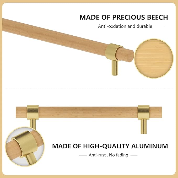 Wooden Drawer Pulls,6-Pack Beech Wood Drawer Handles 2.5in,Suitable for Kitchen, Living Room, Bedroom, Bathroom and Other Scenes,Gold