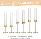 Glasseam Tapered Gold Candlestick Holders: 6 Pcs Tall Brass Taper Candle Holder with Ribbed Glass Cylinder - Hurricane Fluted Candle Holders for Table Centerpiece Wedding Party Christmas Decorations