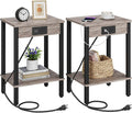 VIMBER Set of 2 End Table with Charging Station, Narrow Side Table with USB Ports and Outlets, Nightstands with 2-Tier Storage Shelves, Sofa Table for Small Space Living Room Bedroom, Greige