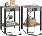 VIMBER Set of 2 End Table with Charging Station, Narrow Side Table with USB Ports and Outlets, Nightstands with 2-Tier Storage Shelves, Sofa Table for Small Space Living Room Bedroom, Greige