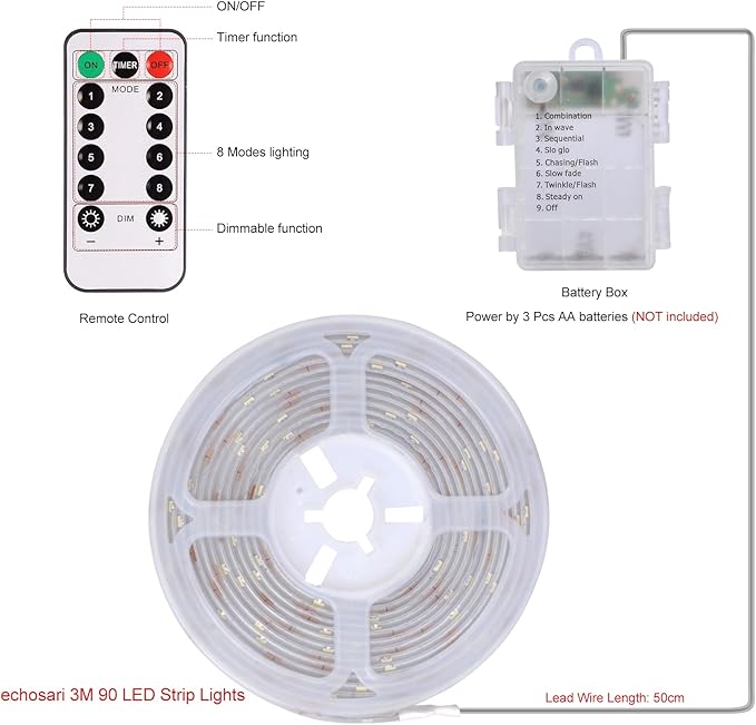 echosari LED Strip Lights Battery Powered, 90 LED Red 2835 SMD Strip Lights 9.8 Ft Cuttable Self-Adhesive Strip Lights with Remote Timer for Outdoor Indoor Party Bedroom Decoration