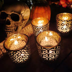 SHMILMH Halloween Votive Candle Holders Set of 12 Black Gold Glass Tealight Candle Holders with 4 Patterns Table Centerpiece for Halloween Party Table Decorations