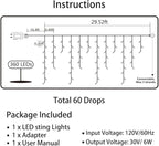 Toodour Christmas Icicle Lights Outdoor, 360 LED 29.5ft 8 Modes Fairy Icicle String Light with 60 Drops, Led Christmas Lights Twinkle for Holiday, Party, Wedding, Eaves, Xmas Decorations (Multicolor)