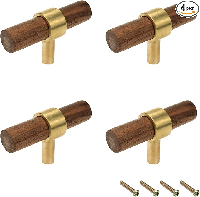 Drawer 2.36"/60mm Pulls Brass Walnut Kitchen Wardrobe Cabinet Hardware Pull Handle Single Hole with Screw, 4Pcs