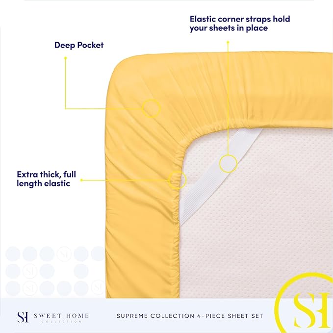 Split King Sheets - Breathable Luxury Sheets with Full Elastic & Secure Corner Straps Built In - 1800 Supreme Collection Extra Soft Deep Pocket Bedding Set, Sheet Set, Split King Size, Yellow