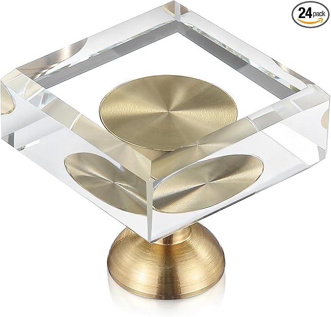 24-Pack 1-1/4-Inch White Cabinet Glass Crystal knobs Brass Drawer Round Knobs Dresser Pulls, Gold Hardware Kitchen Closet knobs for Bifold Doors